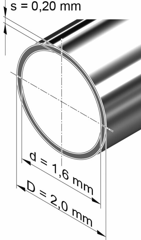 Edelstahlrohr dünnwandig, rund <br>2,0mm x 0,20mm, 1.4301 (V2A)