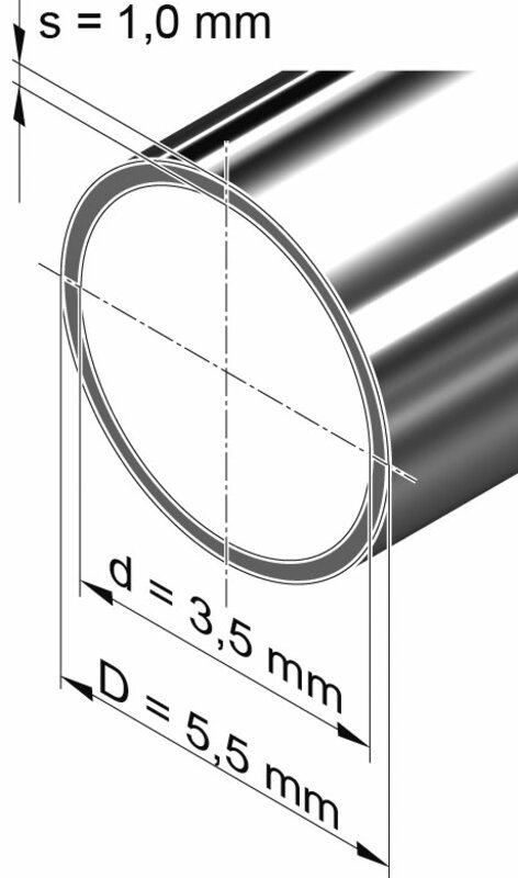 Edelstahlrohr dünnwandig, rund <br>5,5 mm x 1,0 mm, 1.4301 (V2A)