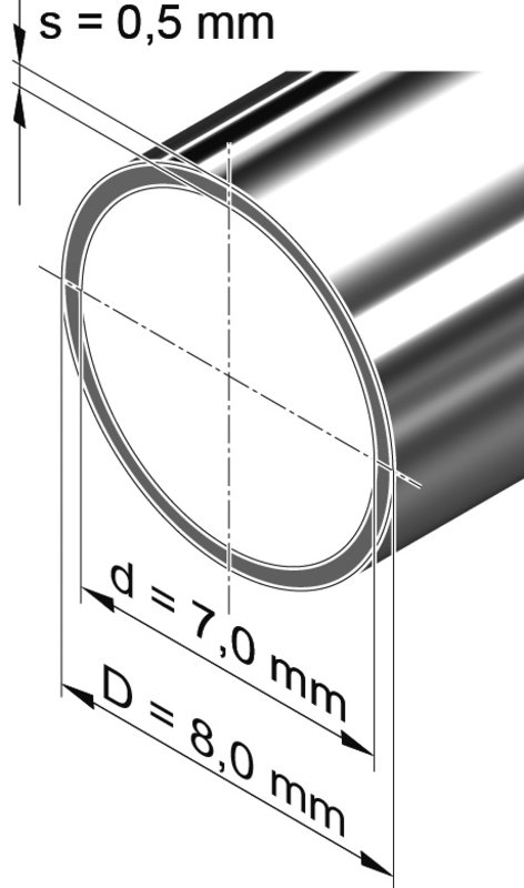 Edelstahlrohr dünnwandig, rund <br>8,0 mm x 0,5 mm, 1.4301 (V2A)