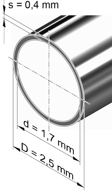 Edelstahlrohr dünnwandig, rund <br>2,5mm x 0,40mm, 1.4301 (V2A)