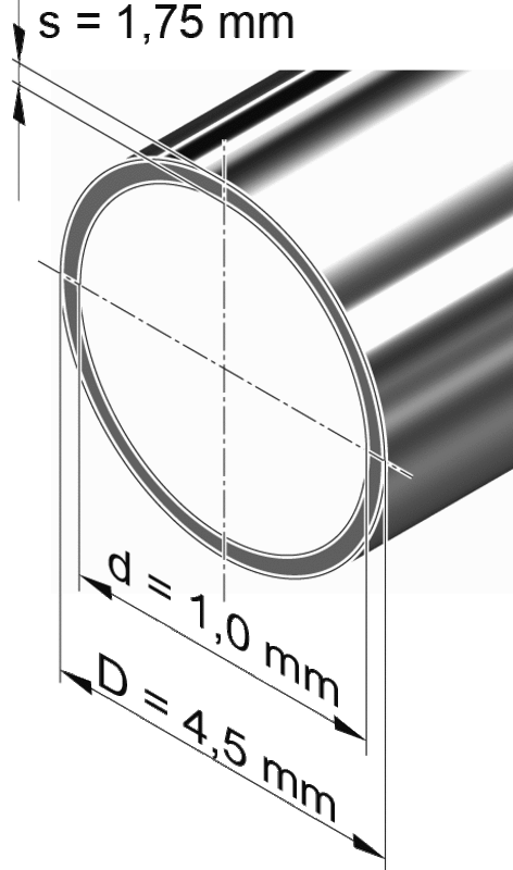 Edelstahlrohr dünnwandig, rund <br>4,5 mm x 1,75 mm, 1.4301 (V2A)