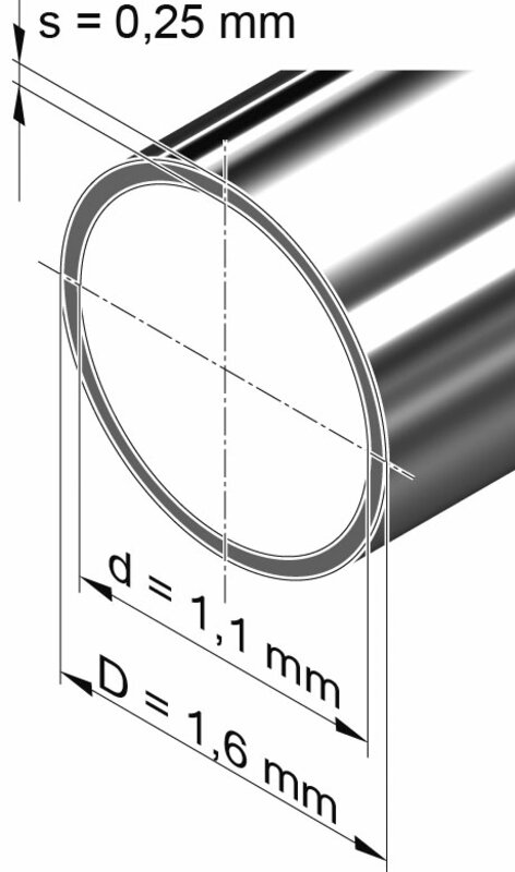 Edelstahlrohr dünnwandig, rund <br>1,6 mm x 0,25 mm, 1.4301 (V2A)