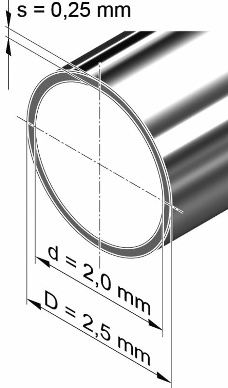 Edelstahlrohr dünnwandig, rund <br>2,5mm x 0,25mm, 1.4301 (V2A)